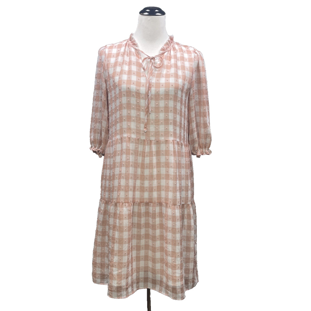 Nanette Lepore Women 8 Peach Gingham Dress 3/4 Puf Slv Cottage Milkmaid Babydoll